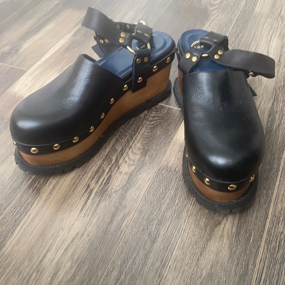 Sacai leather wooden clog wedge heels